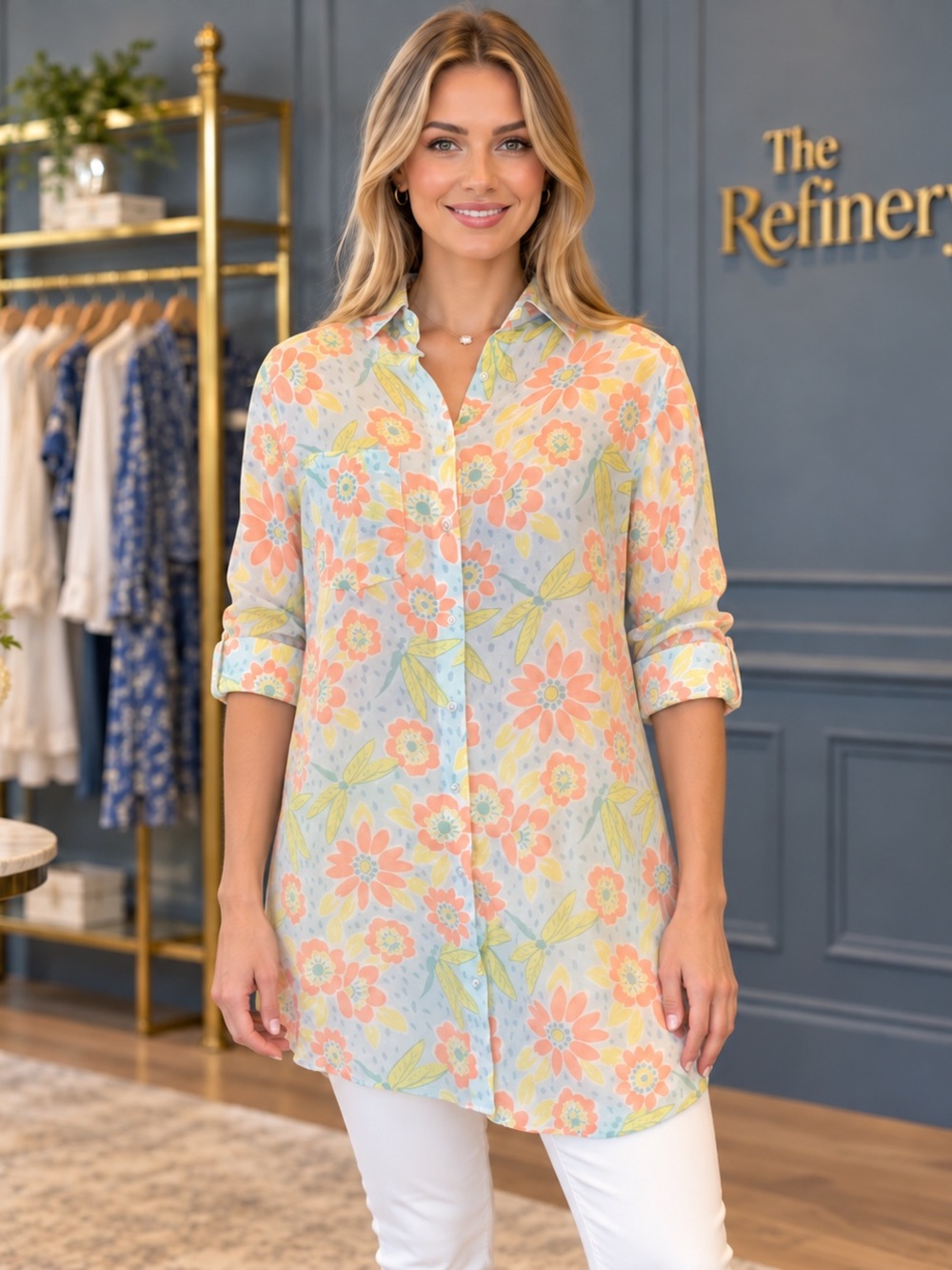 Bella Tu Floral Boho Bohemian Resort Tunic Button Blouse Jeanne D Good Vaid Sz S
